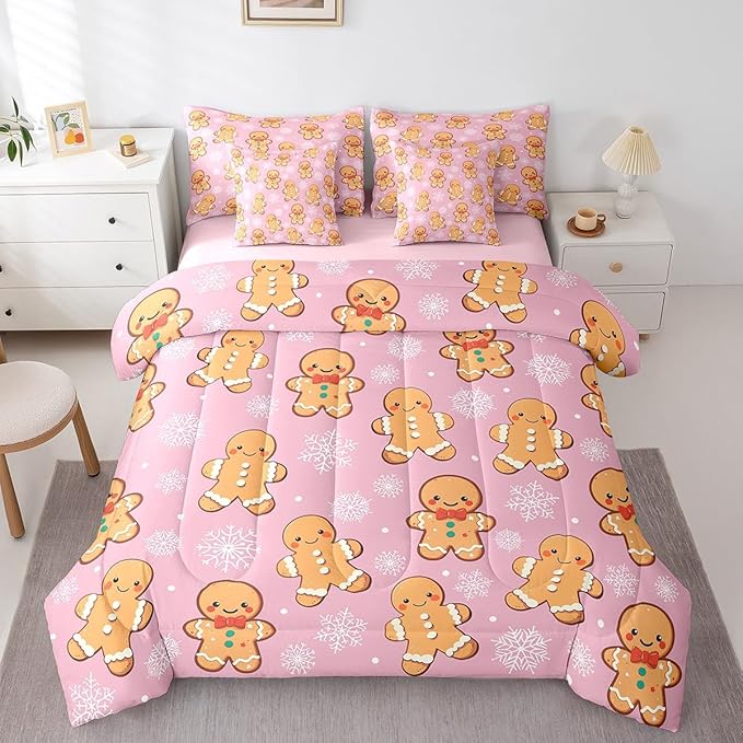 Erosebridal Christmas Gingerbread Full Bedding Set 7 Piece,Cute Gingerbread Man Bed in A Bag,Xmas Snowflake Comforter Set Girls Sheet Set with Comforter,Pink Christmas Decoration