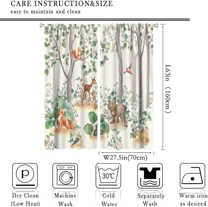 Forest Animal Curtains,Fox Elk Bird Animal Watercolor Woodland Print Curtains Kids Nursery Bedroom Living Room Home Decoration 55x63in