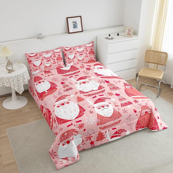 Feelyou Cute Santa Claus Bedding Set for Kids Boys Girls King Size Christmas Comforter Set Ultra Soft Winter Comforter Xmas Tree Duvet Quilt Bedroom Decor Christmas Decorations Quilt