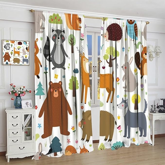Forest Animals Kids Blackout Curtains Cartoon Cute Bear Deer Squirrel Owl Hedgehog Modern Art Print for Boys Girls Bedroom Living Room Nursery Rod Pocket Decoration Window Drapes 2 Panels W26xL84in