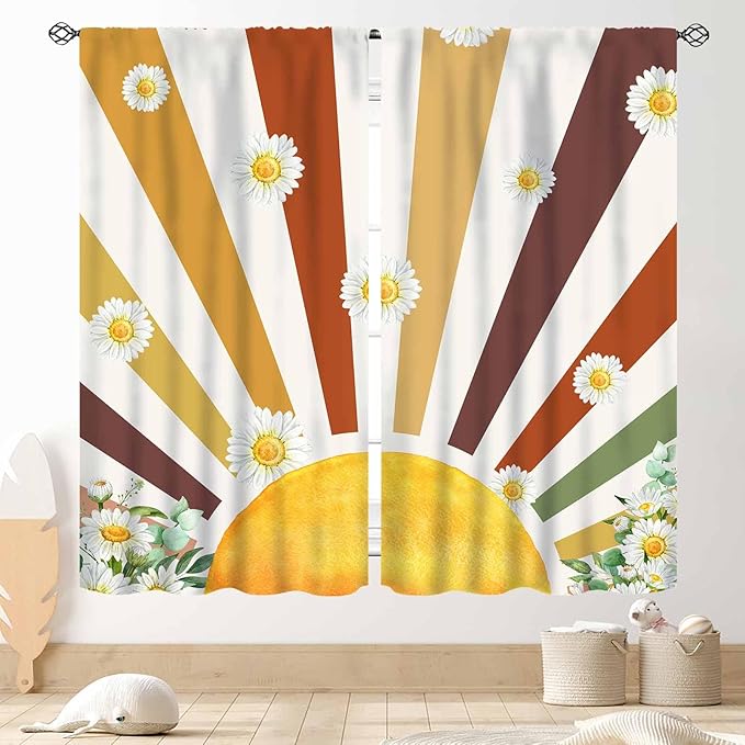Boho Rainbow Curtains, Watercolor Bohemian Modern Abstract Daisy Floral Abstract Aesthetic Rainbow Blackout Window Treatments for Kids Girls Baby Bedroom Living Room Bathroom 2 Panels, 42"x45" Inch