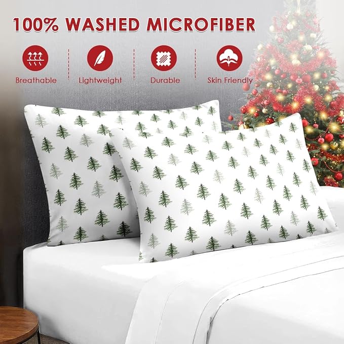 7 Pcs Queen Size Christmas Comforter Set with 2 Pillowcases & 2 Shams, Nature Simple Pine Tree Bedding for Kids and Adults, Winter Merry Xmas Bed in a Bag with Flat Fitted Sheet