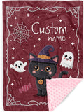 Personalized Halloween Blanket for Girls, Custom Baby Blanket with Name, Cute Cat Theme Soft Minky Dot Blanket, Halloween Decor Christmas Birthday Gifts for Kids Toddlers