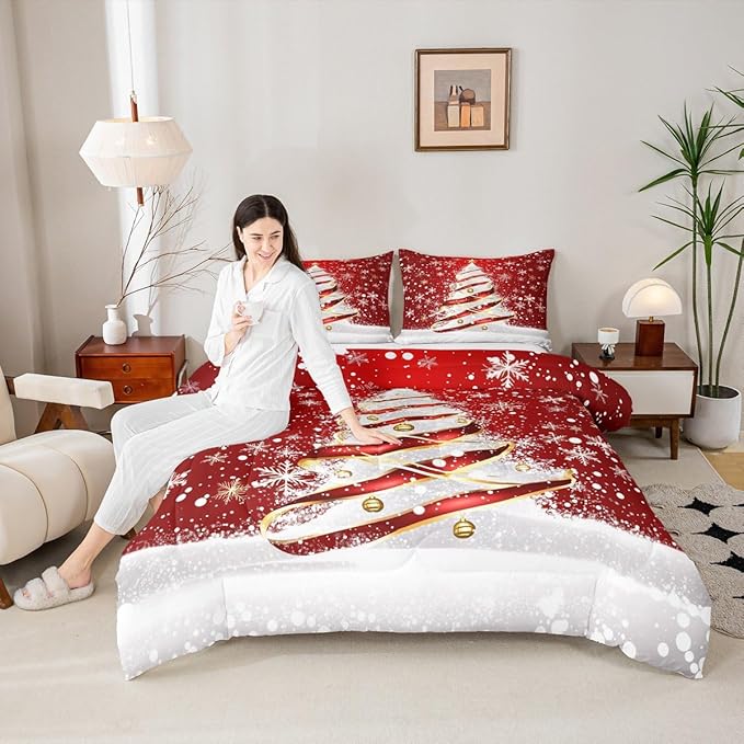 Feelyou Merry Christmas Comforter Set Queen Size Christmas Tree Bedding Set for Kids Boys Girls Snowflake Duvet Quilt Winter Bedroom Decor Microfiber 3 Pcs with 2 Pillow Cases