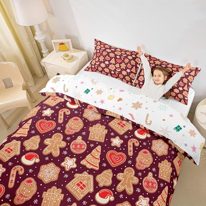 Christmas Duvet Cover Boys Christmas Gingerbread Man Bedding Set for Kids Teens Ultra Soft Snowflake New Year Comforter Cover Set Xmas Theme Bedspread Cover Room Decor Toddler Size Bedclothes Zipper
