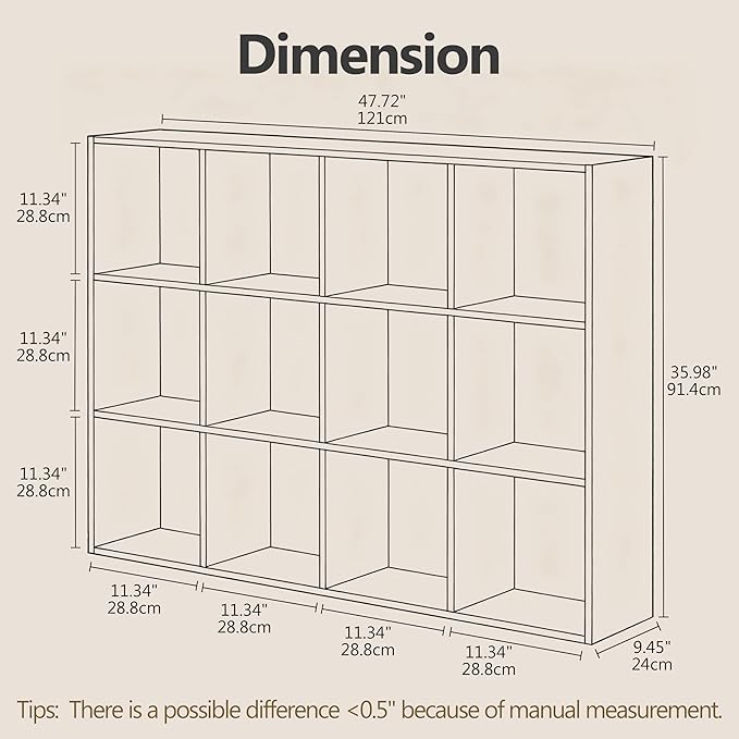 Bookshelf 12-Cube Storage Organizer, Sturdy Wooden Bookcase with Closed Back Panel, Multipurpose Display Shelf for Home Office, Bedroom, Study, 47.72" L x 9.45" W x 35.98" H, White Oak