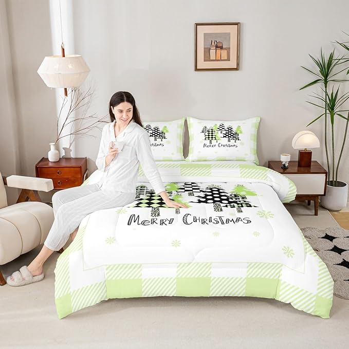 Manfei Xmas Trees Comforter Set Full Size, Green Plaid Grid Snowflake Bedding Set 3pcs for Kids Girls Adults Bedroom Decor, Christmas Theme Down Comforter New Year Quilt Set with 2 Pillowcases