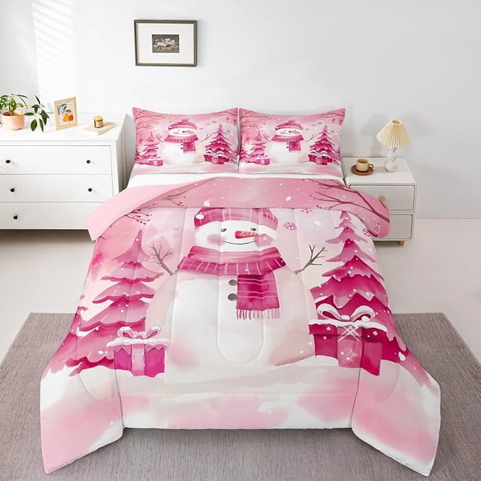 Feelyou Pink Christmas Comforter Set Queen Size Snowman Bedding Set for Kids Boys Girls Cute Snowflake Duvet Quilt Merry Christmas Tree and Snowman Room Decor 3 Pcs with 2 Pillow Cases