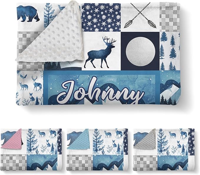 Personalized Baby Blankets for Girls Boys, Custom Blue Deer Baby Blanket with Name for Kids, Flannel Bed Throw Blanket for Newborn, Customized Gifts for Baby Shower Nursery Blanket(60" x80)