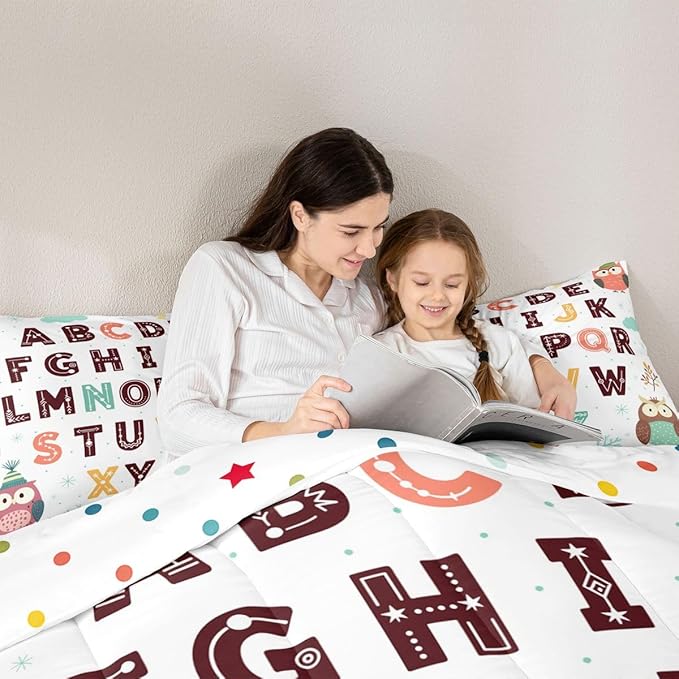Feelyou Alphabet Kids ABC Learning Comforter Set Toddler Size Cartoon Owls Bedding Set for Kids Boys Girls Educational Nursery Art Duvet Quilt Wildlife Bedroom Decor 2 Pcs with 1 Pillow Cases