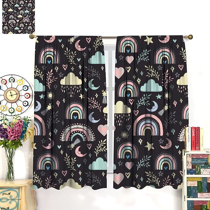 Boho Rainbow Curtains for Kids Nursery Colorful Floral Sun Star Clouds Pastel Bohemian Pattern Print Window Drapes for Girl Bedroom Living Room Kitchen Decor,2 Panel Set,42Wx45H Inch Blackout