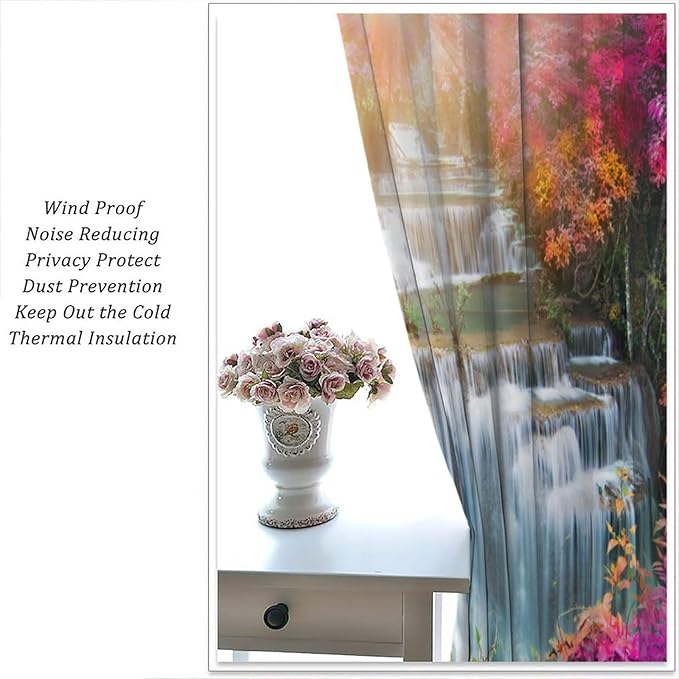 Waterfall Blackout Window Curtains, Nature Landscape Fores Theme Rod Pocket Window Drapes, for Living Room Bedroom 55" W X 63" L