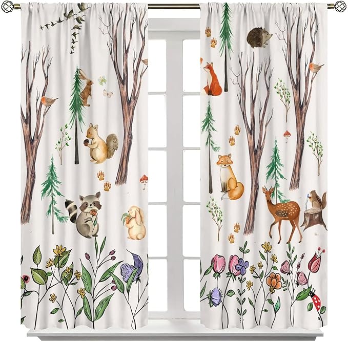 Forest Animal Kids Curtains, Watercolor Cartoon Window Treatments, Cute Animal Floral Girl Toddler Home Bedroom Living Room Drapes 42x63in