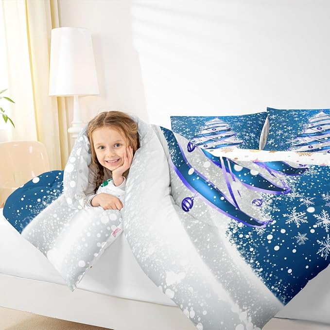 Feelyou Merry Christmas Kids Comforter Set Queen Size Christmas Tree Bedding Set Snowflake Duvet Quilt for Kids Boys Girls Bedroom Winter Decor Microfiber Ultra Soft Breathable