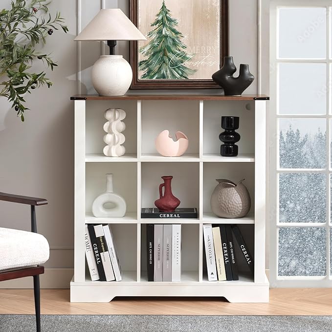 9 Cube Storage Organizer, Wood Cube Bookshelf with LED Lights, Horizontal Storage Cubes, Kids Bookshelf, Display Cabinet Cubby Shelf for Living Room Home Office Bedroom, White