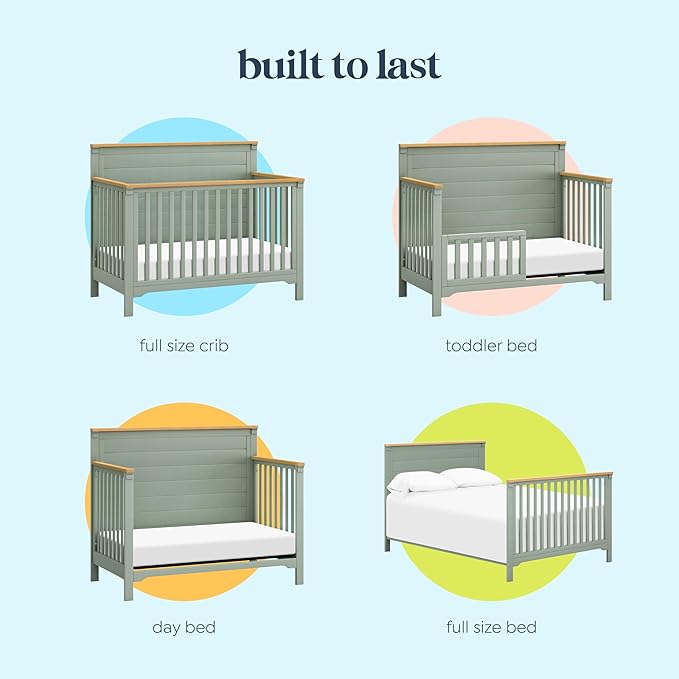 daVinci Shea 4-in-1 Baby Crib Convertible to Toddler Bed, Daybed, Full-Size Bed - FSC, GREENGUARD Gold Certified Wood Crib, Conversion Kits Sold Separately - 4 Adjustable Heights, Light Sage and Honey