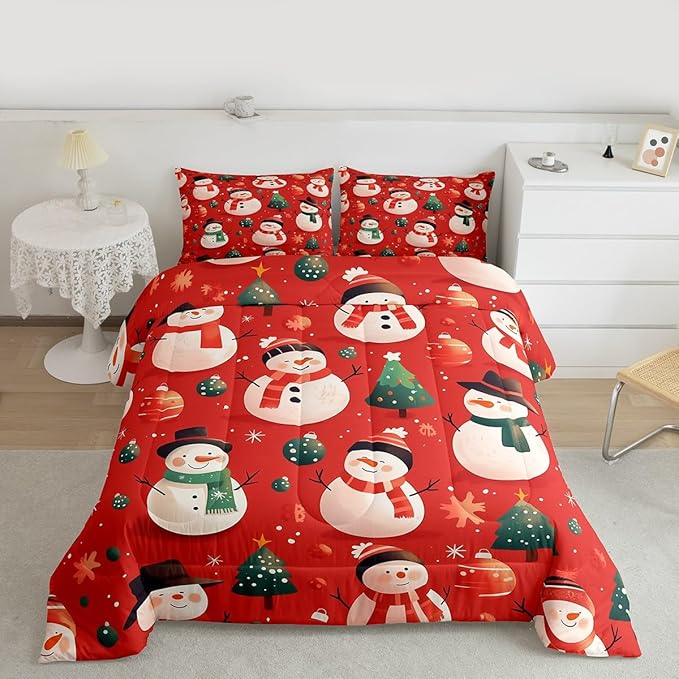 Feelyou Christmas Comforter Set Full Size Snowman Bedding Set for Kids Boys Girls Snowflake Duvet Quilt New Year Theme Bedroom Decor Microfiber 3 Pcs with 2 Pillow Cases