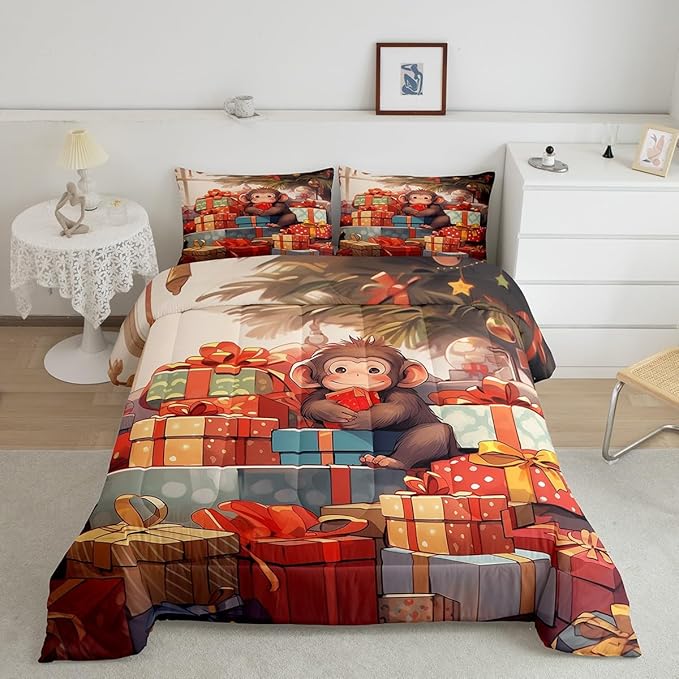 Santa Monkey Comforter Set Twin Size,Merry Christmas Holiday Theme Bedding Set 2Pcs,Christmas Tree Decoration Quilt Set Kids Girls Teens Room Decor Cartoon Animal Xmas Style Duvet Insert,1 Pillowcase