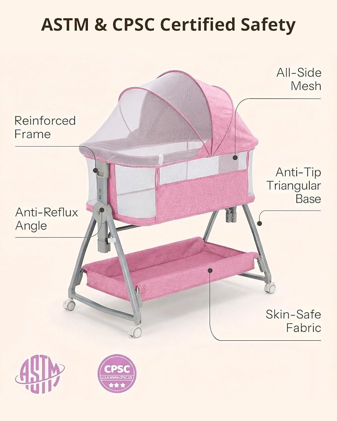 Baby Bassinet Bedside Sleeper, 3 in 1 Rocking Bassinet for Baby, Arms Reach Co Sleeper Bassinet with Wheels, Adjustable Height, Storage, Mattress & Canopy (Pink)