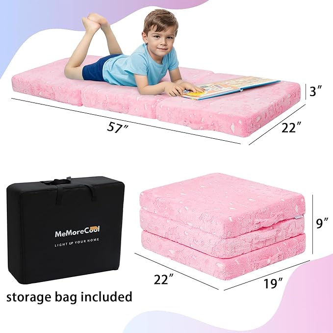 MeMoreCool Glow Pink Unicorn Foldable Floor Mattress for Kids, Trifold Nap Mat for Toddlers, Portable Daycare Sleeping Futon or Floor Bed, 57x22 Inch