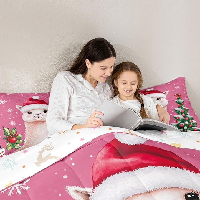 Feelyou Merry Christmas Bedding Set Soft for Boys Girls, Cute Llama Comforter Set Toddler Size Snowflake Duvet Quilt Microfiber Christmas Tree Bedroom Decor 2 Pcs with 1 Pillow Cases
