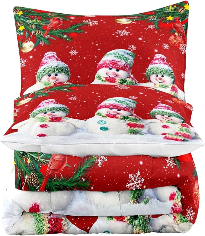 LUVIVIHOME 3PCS Merry Christmas Comforter Set Full Size, Funny Cute Snowman Bedding, Cardinal Snowflake Xmas Christmas Bedroom Decor for Kids Girls Boys Teens, Red Quilt, 2 Pillow Cases