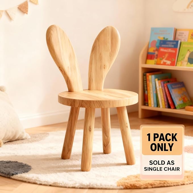 Solid Wood Rabbit Chair for Kids & Toddlers, Cute Bunny Wooden Chair for Playroom Bedroom, Sturdy Rubber Wood Stool, Easy Assembly - 1 Pack (Single Chair)