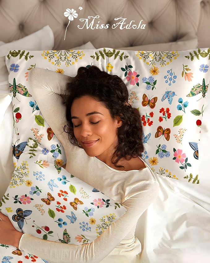 Silk Pillowcase 2 Pack - Pillow Cases 20" x 30" Queen Size Set of 2 for Hair and Skin Smooth Soft Breathable with Hidden Zipper Cooling Pillow Covers for Sleeping, Butterfly Leaf
