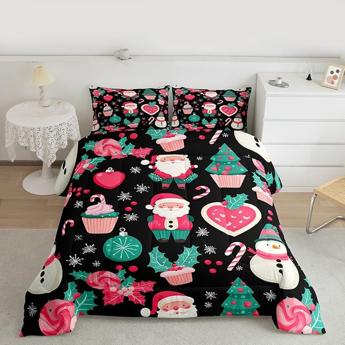 Feelyou Christmas Decor Comforter Set Toddler Size Pink Santa Claus Bedding Set for Kids Boys Girls New Year Gift Duvet Quilt Snowman Bedroom Decor Microfiber 2 Pcs with 1 Pillow Cases