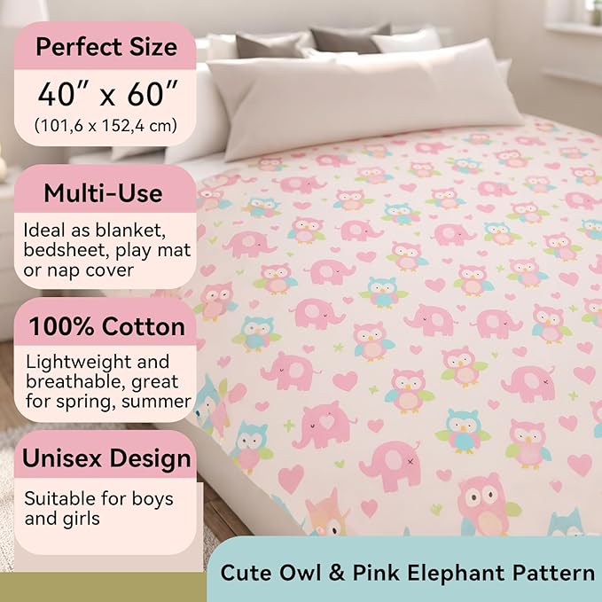 Kids Throw Blanket – Soft Cotton Toddler Blanket with Cute Owl & Pink Elephant Pattern, Lightweight Breathable Bed Throw with Stitched Edges, 40 x 60 in (101.6 x 152.4 cm)