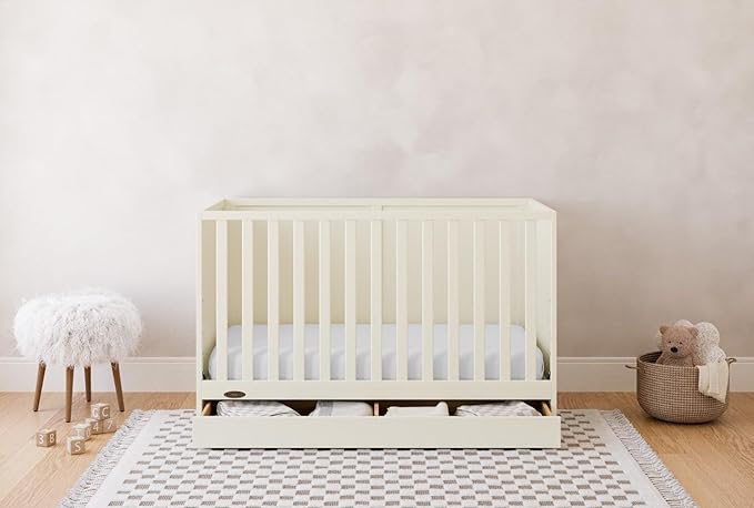 Graco Theo Convertible Crib with Storage Drawer (Frosted Oat) – GREENGUARD Gold Certified Wooden Baby Crib with Drawer, Converts to Toddler Bed, Fits Standard Crib Mattress