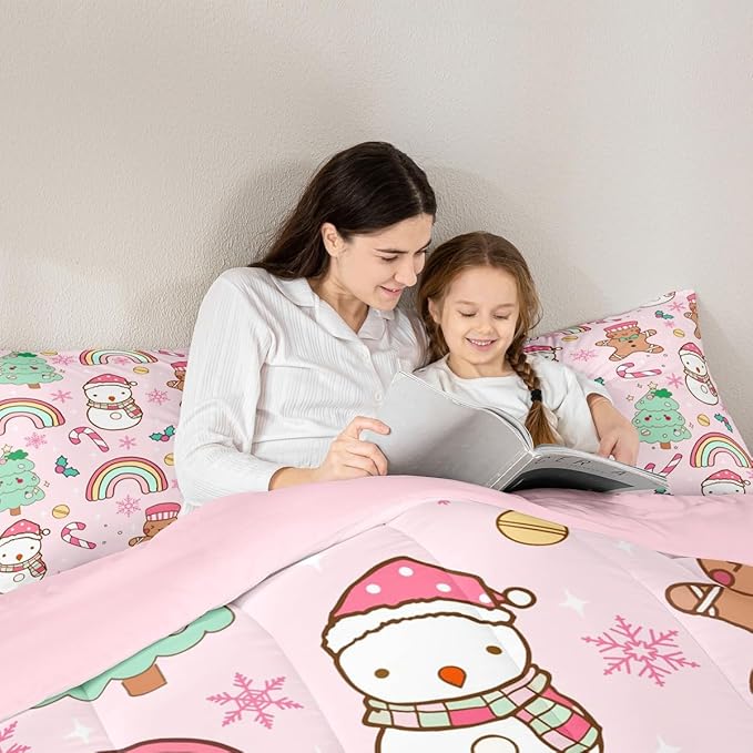 Feelyou Christmas Kids Comforter Set Queen Size Merry Christmas Tree and Snowman Bedding Set Gingerbread Man Duvet Quilt for Kids Boys Girls Bedroom Rainbow Print Decor Snowflake Soft Breathable