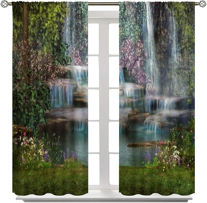 Natural Waterfall Blackout Window Curtains, Waterfalls Flowers Trees Landscape Window Drapes, for Living Room Bedroom 52" W X 84" L