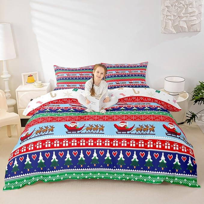 Feelyou Christmas Duvet Cover Cartoon Santa Claus Deer Bedding Set for Kids Boys Girls Teens Room Decor Christmas Tree Comforter Cover Set Exotic Ethnic Pattern Bedspread Cover 3Pcs Zipper Queen Size
