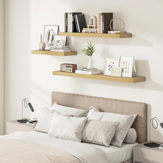Vivelove 12 Inch Deep Floating Shelves 48 inch Long, 2 Inch Thick Wall Shelves with Invisible Brackets, Shelf for Bedroom Bathroom Living Room Kitchen Office Home Decor, Modern Shelf Set of 2, Oak