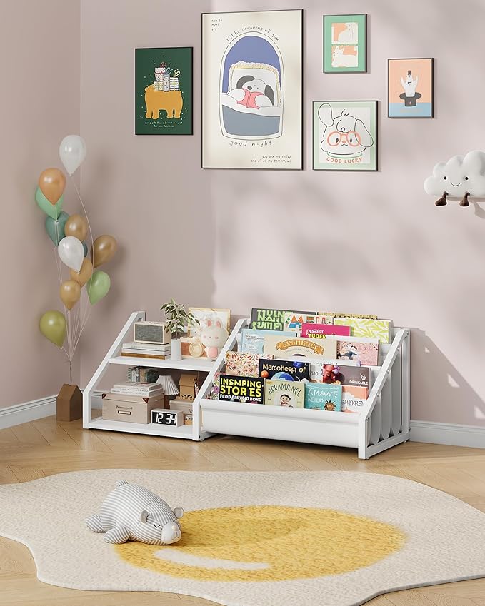 Kids Bookshelf, Book Shelf for Kids Rooms, Toddler Bookshelf with 2 Open Shelves and 4-Tier Sling Rack, for Kid Room, Nursery, Bedroom, Playroom, White TCW16WB