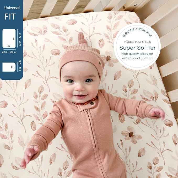 Pack n Play Sheets FItted 2 Pack, Stretchy Ultra Soft Jersey Knit Pack and Play Sheets, Universal Fitted Portable/Mini Crib Mattresses Snug and Safe, Beautiful Blush Pink Floral and Cute Animals Print