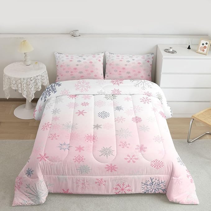 Feelyou Pink Snowflake Comforter Set Queen, Glitter Snowflake Comforter for Boys Girls Winter Theme Bedding Set Winter Holiday Duvet Set Decorative 3Pcs
