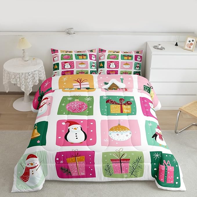 Feelyou Happy New Year Bedding Set Soft for Boys Girls, Christmas Decor Comforter Set Toddler Size Merry Christmas Duvet Quilt Microfiber Winter Penguin Bedroom Decor 2 Pcs with 1 Pillow Cases