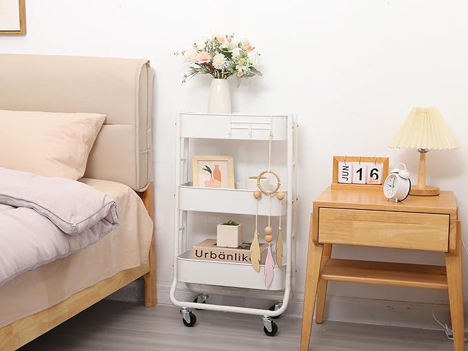 MAX Houser Slim 3-Tier Rolling Utility Cart, Narrow Metal Bathroom Storage Multifunctional Organizer Carts with Wheels with Extra Hook, Laundry Room,Kitchen,Small Space(White)