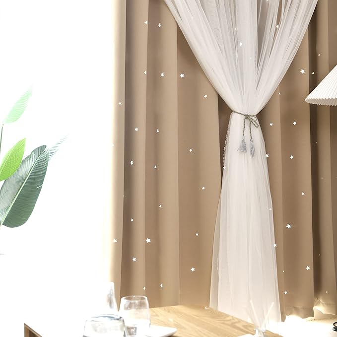 Kinryb Kids Blackout Curtains for Bedroom/Living Room/Classroom, Sheer Overlay 2 Panel Set, Double Layer Curtains with Star Cutout for Kids Room(Each Piece W 70 x L 95 Inches 2 Pcs Beige)