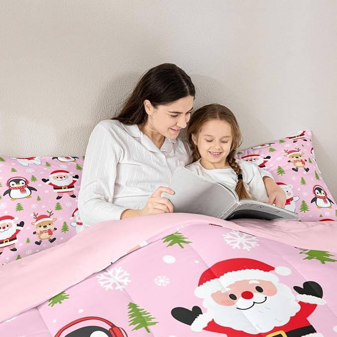 Feelyou Pink Christmas Bedding Set Soft for Boys Girls, Santa Claus Comforter Set Full Size Penguin Deer Duvet Quilt Microfiber Xmas Snowflake Tree Bedroom Decor 3 Pcs with 2 Pillow Cases