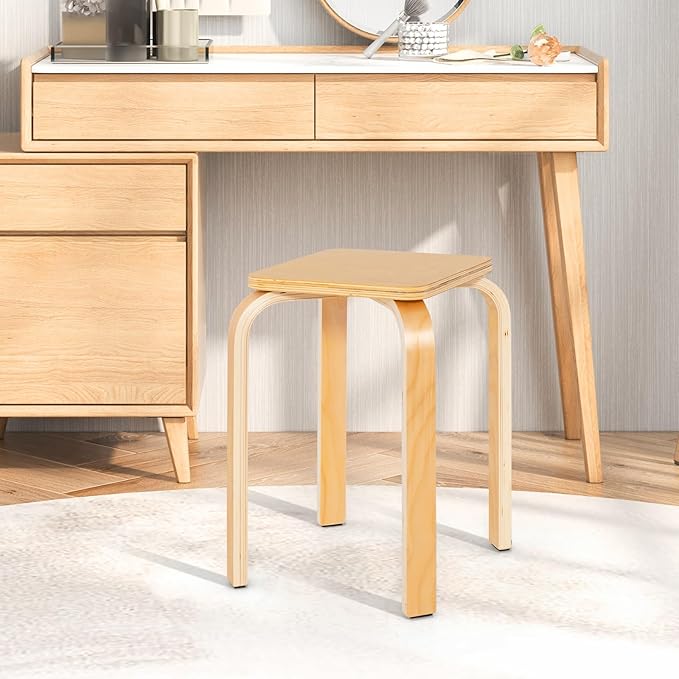 GOFLAME Stackable Wooden Stools Set of 4, Backless Chairs with Square Top, Anti-Slip Felt Mats, Portable Seating for Classroom, Office, Dinning Room, Living Room, Kitchen, Bar Counter, Natural