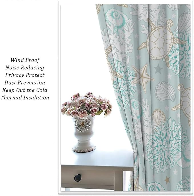 Nautical Curtains,Seagorses Coral Starfish Reef Seashell Beach Sea Seashell Pattern Blackout Print Home Bedroom Living Room Window Treatmen 2 Panel Set 84x84 Inch