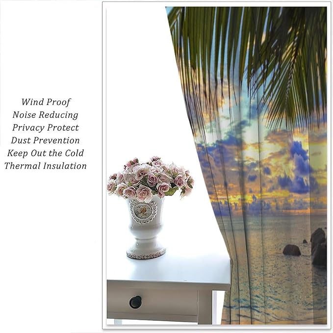 Ocean Beach Curtains,Sunset on Beach in The Evening Hawaiian Seaside Scene Pattern Blackout Print Home Bedroom Living Room Window Treatments 2 Panel Set 42x63 Inch