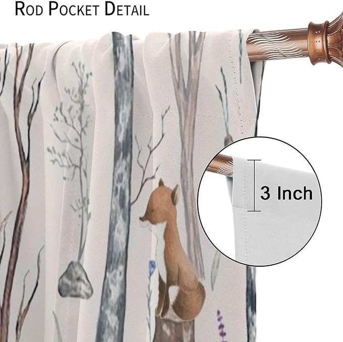 Rustic Forest Window Curtains Curtains, Woodland Animal Bear Deer Hedgehog Fox Squirrel Watercolor Blackout Rod Pocket Treatments Drapes for Boys Girls Bedroom 42x63in