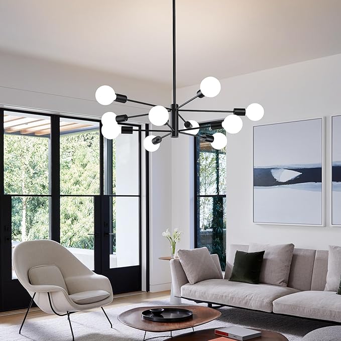Modern Sputnik Chandeliers Light, 10-Light Black Chandeliers for Dining Room, E26 Height Adjustable Chandelier Ceiling Lighting Fixture for Farmhouse Kitchen Island Living Room Foyer