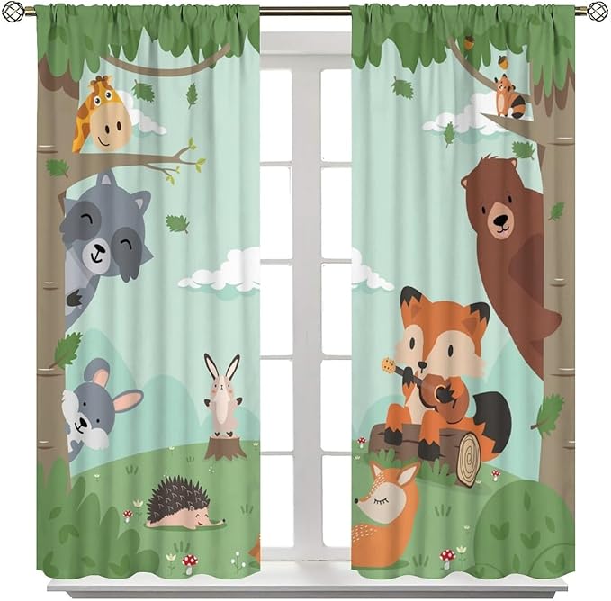 Forest Animals Curtains Colorful Forest Cartoon Cute Fox Bear Giraffe for Kids Boys Girls Nursery Bedroom Living Room Blackout Rod Pocket Decoration Window Drapes 2 Panels W27.5xL63in
