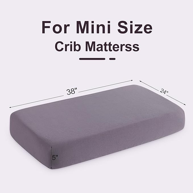 NTBAY 2 Pack Muslin Cotton Mini Crib Sheets, Soft and Breathable Double Layer 24x38 Baby Crib Sheets for Mini Crib and Toddler Mattresses, Boys, Girls, Unisex, Greyish Purple, 24x38 Inches