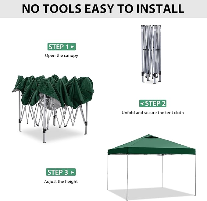 GDY 10x10 Pop Up Canopy Tent, Easy Set up Outdoor Silver Coated Beach Gazebos, Carpas for Pool, Events, Parties, and Camping, Green.